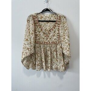World Market Boho Floral Blouse Shirt Top Womens L/XL Balloon Sleeve Cottagecore